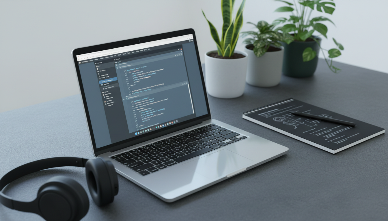 A polished silver laptop, its surface catching the gentle gleam of cool, soft studio light, lies open on a textured charcoal-grey tabletop. The screen features a minimalist interface for a software debugging application, framed by a pair of wireless headphones and a black notepad with coded sketches. A row of indoor plants in sleek pottery lines the blurred background, adding freshness. The mood is calm, methodical, and quietly productive, with the image composed from a slightly overhead, offset perspective that emphasizes clarity and modernity in the space. The visual style is clean and contemporary, supporting the theme of software testing and solutions.