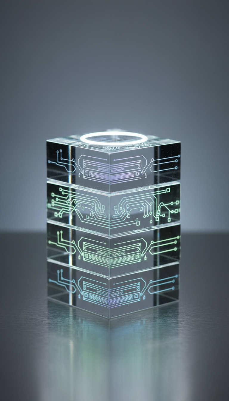 A stack of pristine, translucent acrylic blocks arranged in a staggered, geometric pattern, each etched delicately with glowing, abstract representations of data flow and network connections. The blocks are placed on a brushed metal surface with soft reflections, beneath a subtle halo of white overhead lighting that brings out the intricate engravings and faint color gradients. The background fades to cool grey, keeping attention on the clarity and precision of the blocks. The composition is tight and symmetrical, with a high level of detail that suggests cutting-edge technology. The image style is minimalist and high-tech, resonating with a business that architects software infrastructure.